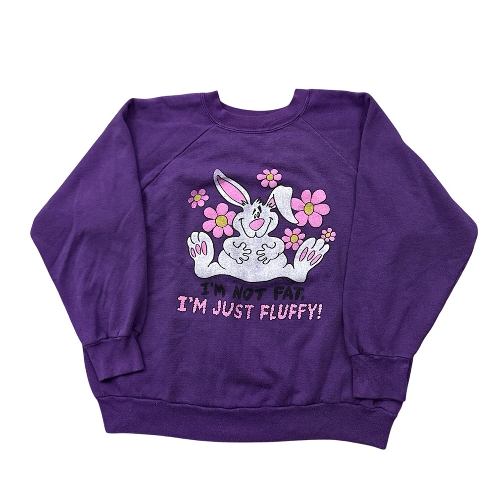 Vintage Bunny Rabbit Floral Flowers Raglan Sweatshirt Fluffy Funny Humor 80s L